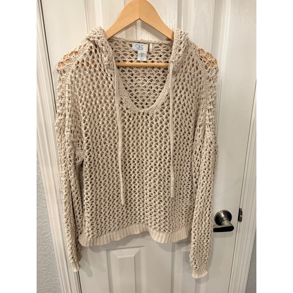 C&C California Hoodie Cream Open Knit Crochet Mesh Pullover Beach Coverup L